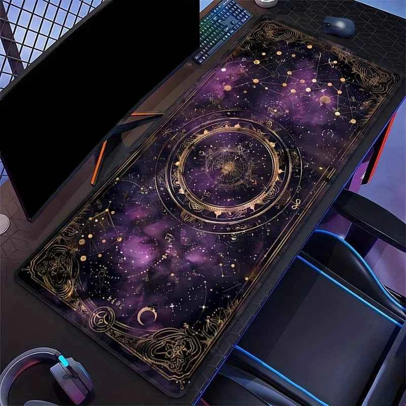 Charming Oversized Purple Card Moon and Stars Gaming Mouse Pads, Anti-slip Durable Table Pad, Suitable for Gamers and Office Use