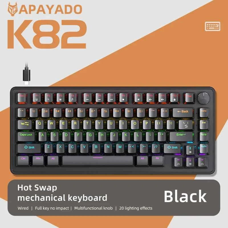 APAYADO K82, 75% Mechanical Keyboard Wired with Media Knob, Hot-Swap, ABS Cap Transparent Character Backlighting