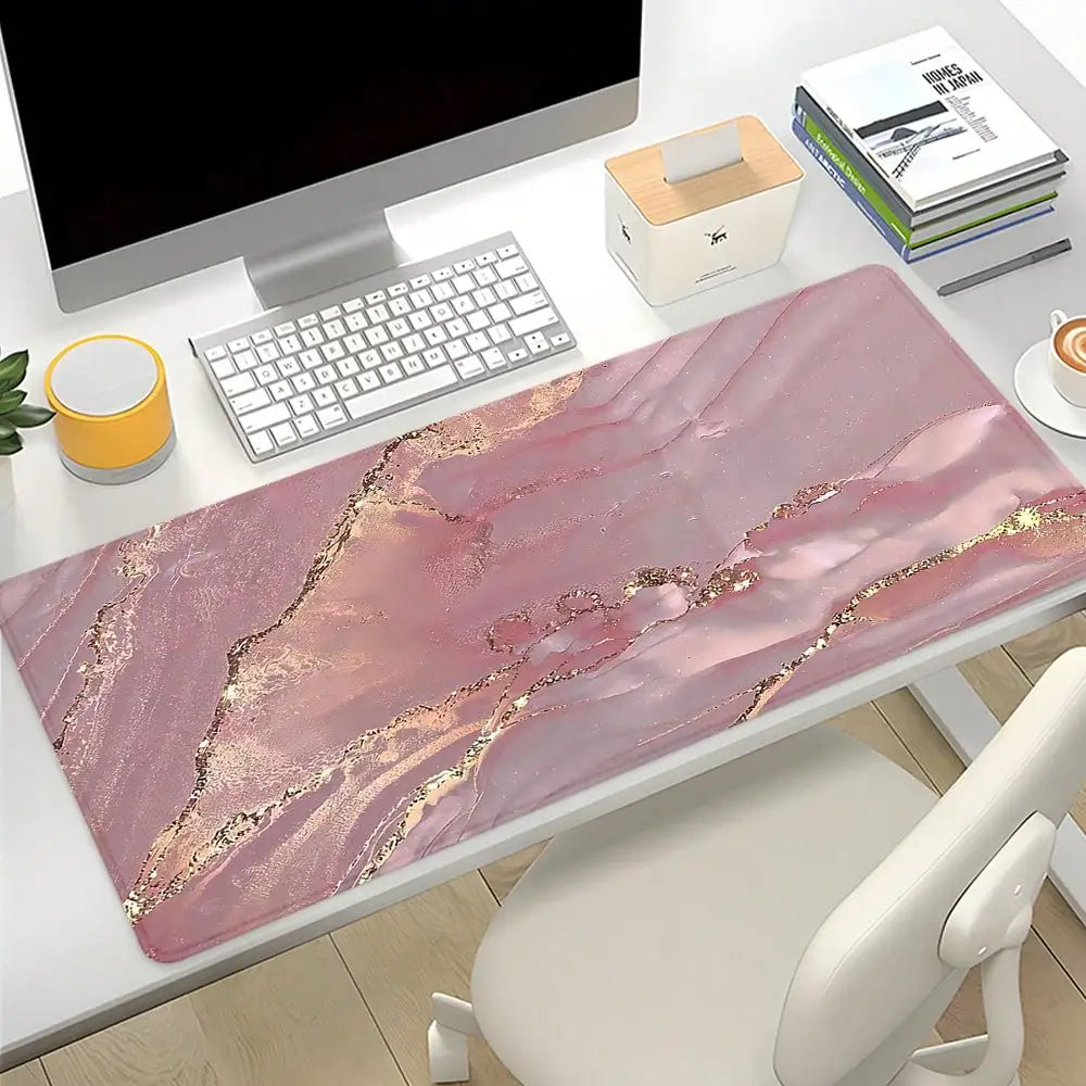 Pink Marble Pattern Gaming Mouse Pad, Gold Extended Desk Mat, Stitched Edge Design, Non-Slip Rubber Base, Suitable For Home Office Decor, Size 35.4x15.7 Inches