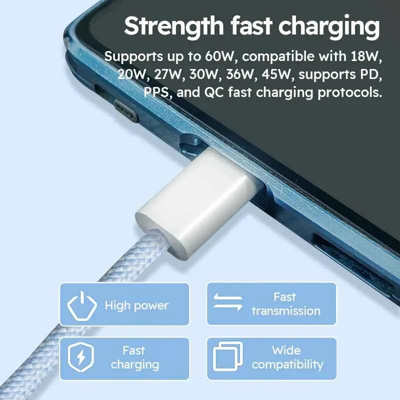 3PCS 6FT 60W Nylon Braided Fast Charge Cable Suitable For Type-C Interface Mobile Phone,laptops And All Kinds Of Tablets