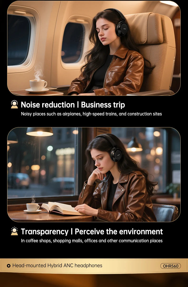 Acer Ohr560 Wireless Bluetooth Headset, Full-Ear Foldable Headphones with Built-In Microphone, Stereo Sound, Active Noise Reduction, Compatible with 3.5mm Audio Cable, Suitable for Work, Travel, and Gaming