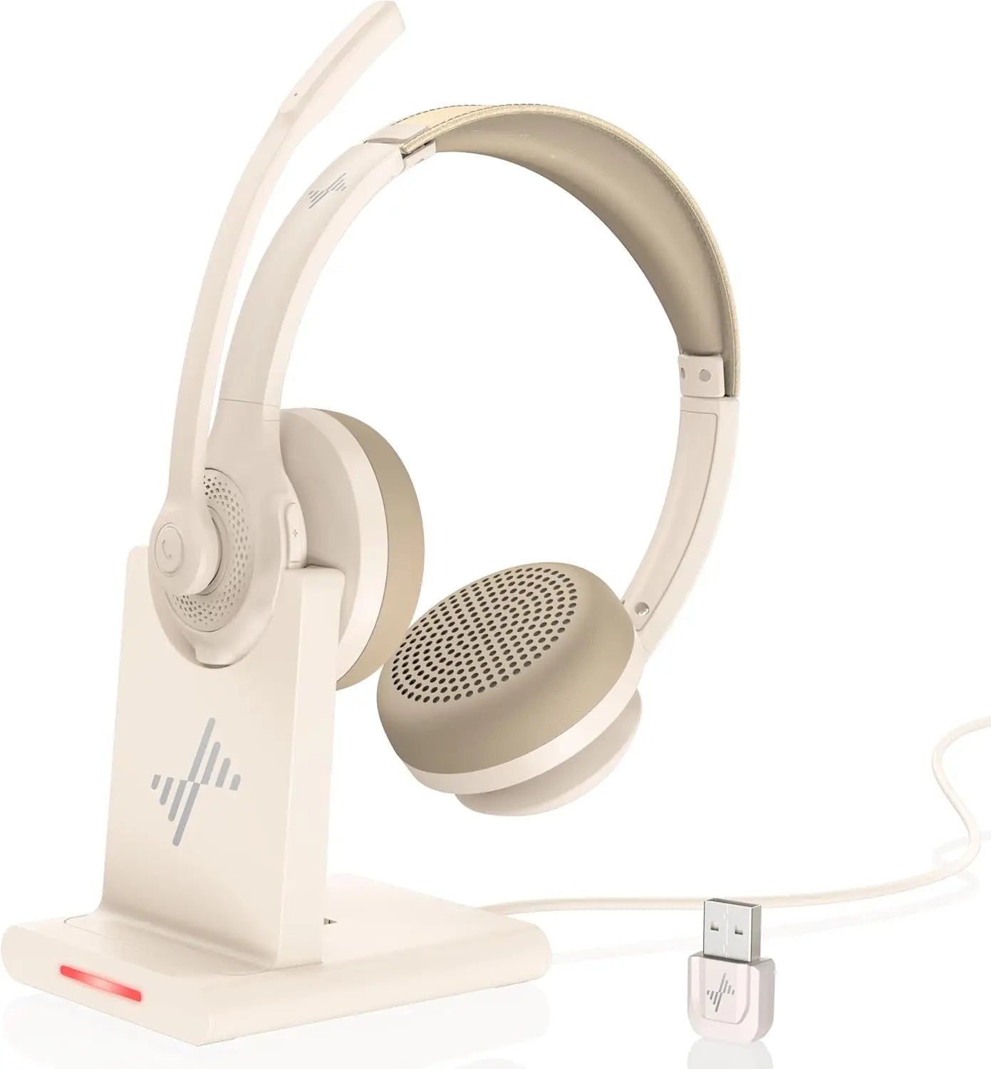 JIAMQISHI EH02P Wireless Headset with AI Noise Cancelling Microphone Headphones Bluetooth V5.2 with USB Dongle,Charging Base