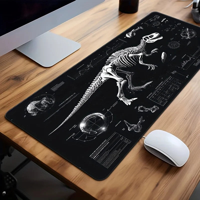 XXL Dinosaur Skeleton Gaming Desk Mat - Black and White Tech Style Extended Pad, Non-Slip Rubber PC Mat