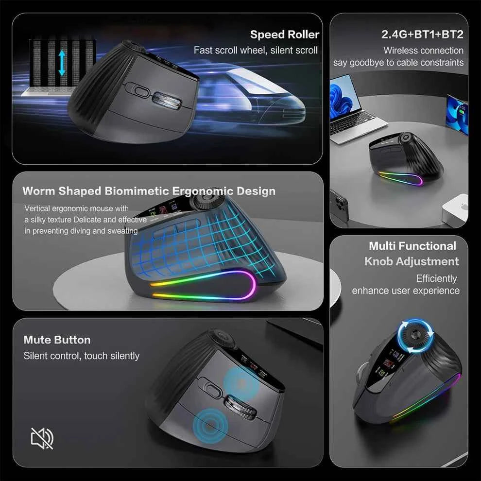 Backlit Wireless Ergonomic Mouse with Smart Flying Scroll,Function Adjustment Knob,Bluetooth&2.4G Rechargeable Gaming Mouse
