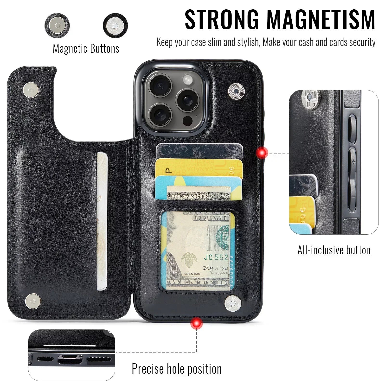 Wallet Card Holder Case for iPhone 16 15 14 13 12 11 Pro Max XS XR Leather Cover