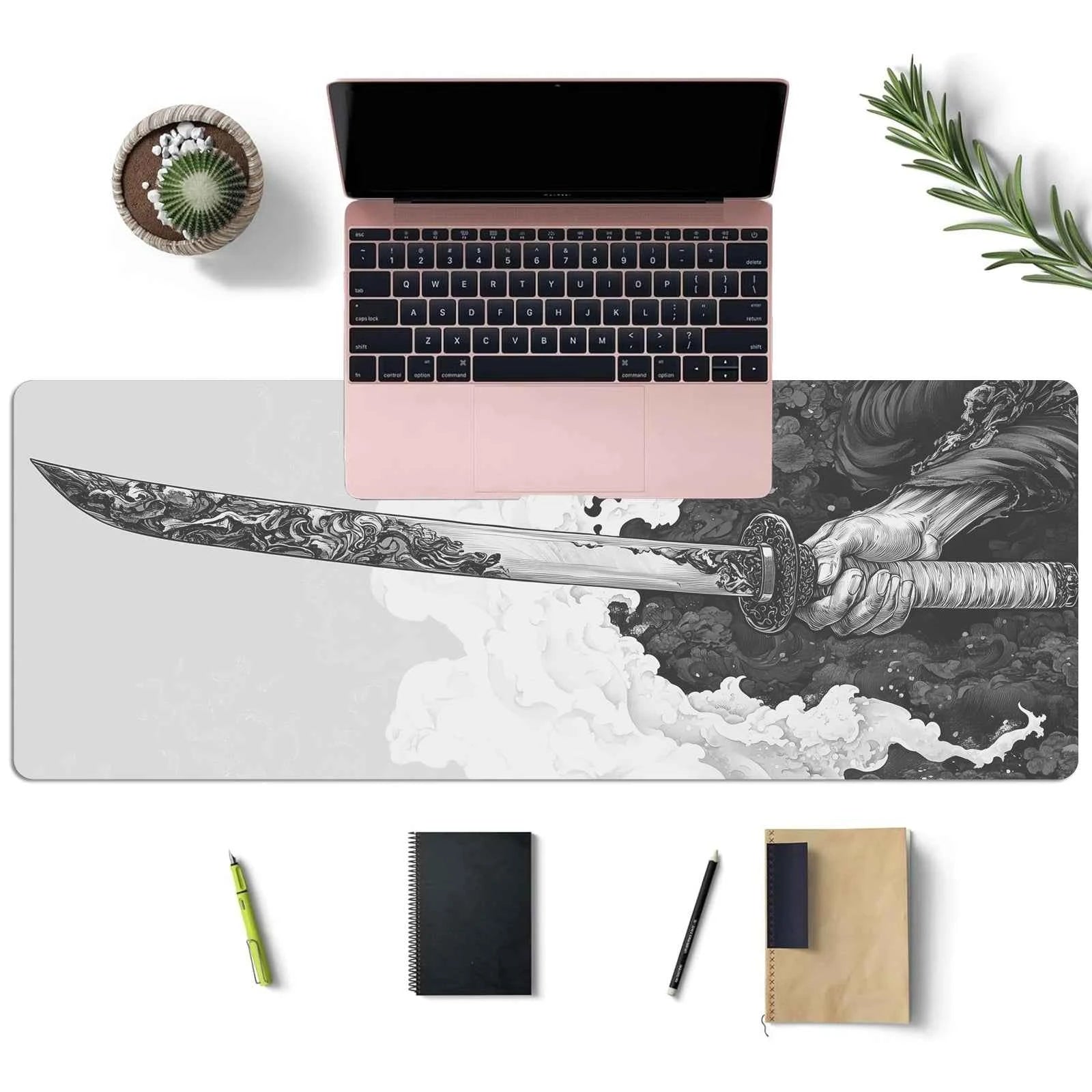 Black And White Comic Wind Sword Model Keyboard Mouse Pad Desk Mat, 3D Gaming Mouse Pad with Non-Slip Rubber Base Stitched Edges