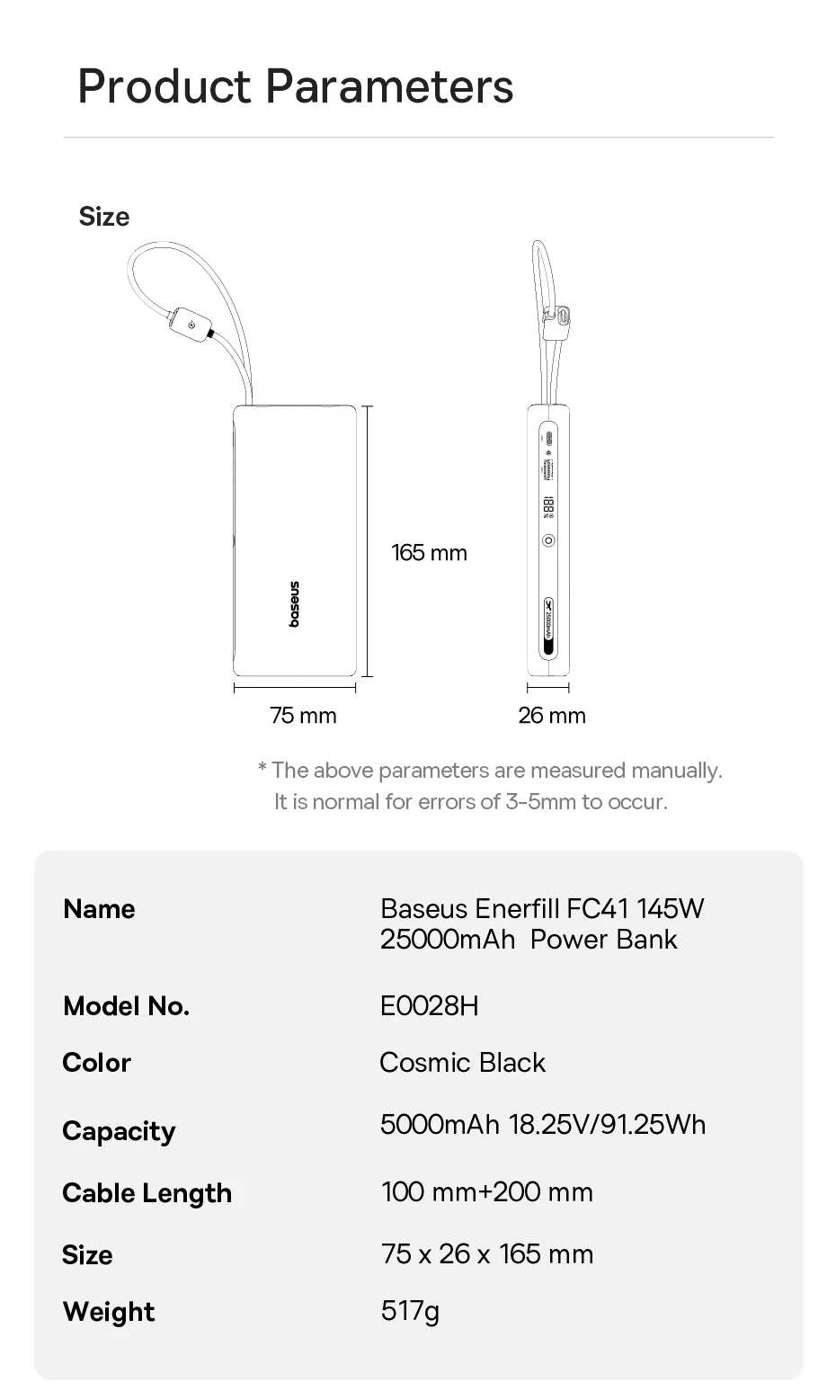 Baseus 145W Power Bank 25000mAh Fast Charging Built-In Type-C Cable Portable Battery Charger for iPhone Samsung MacBook Tablet