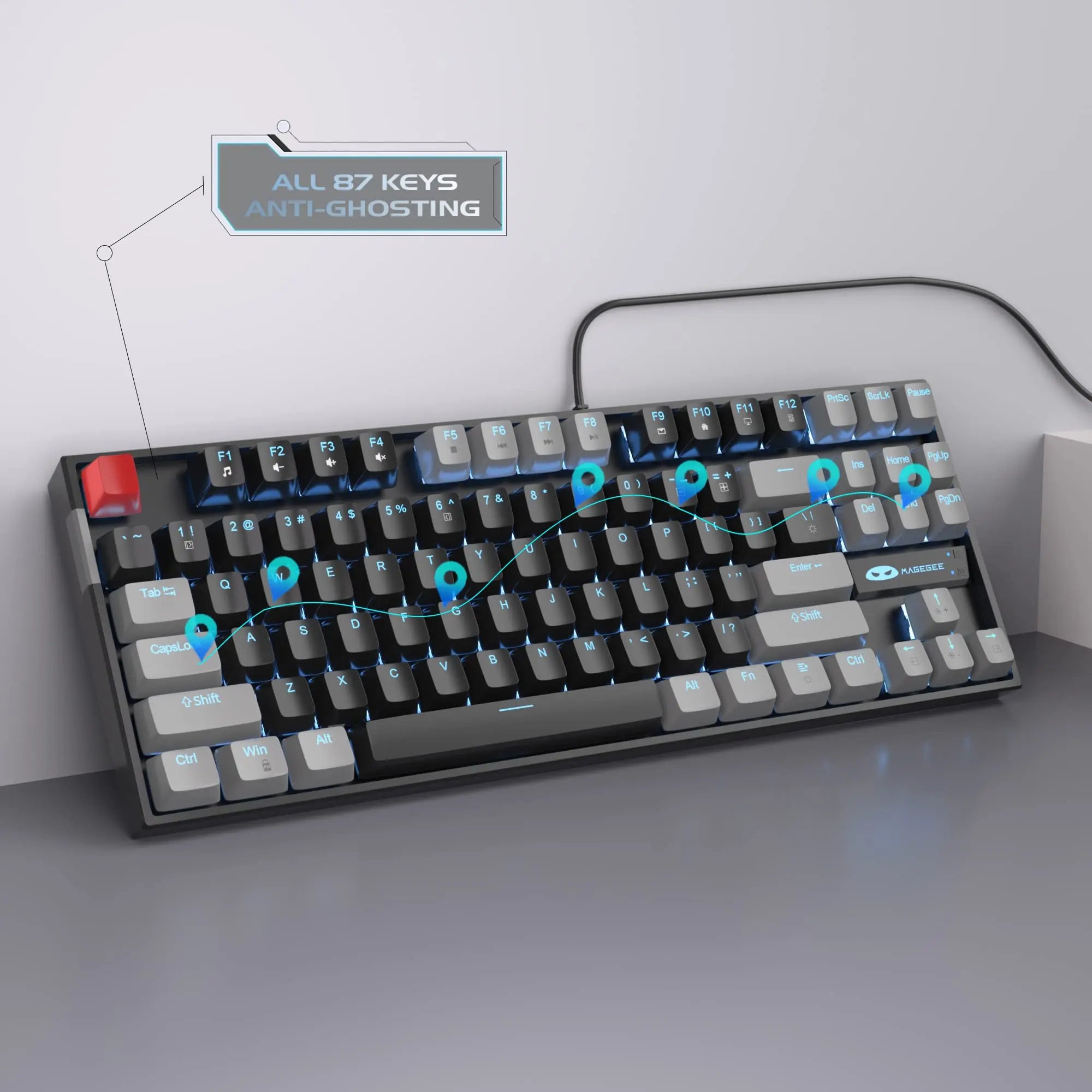MageGee 75% Mechanical Gaming Keyboard with Blue/Red Switch, LED Blue Backlit 87 Keys Compact TKL Wired Keyboard for Windows PC