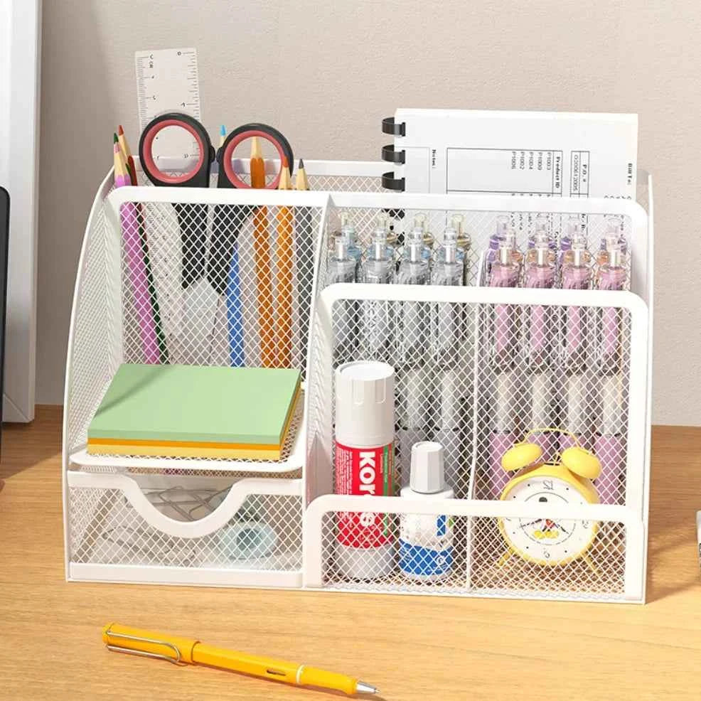 Mesh Pen Holder and Organizer Office Supplies with 7 Compartments, Desktop Organizer with Drawer, Metal Pen Holder for Desk