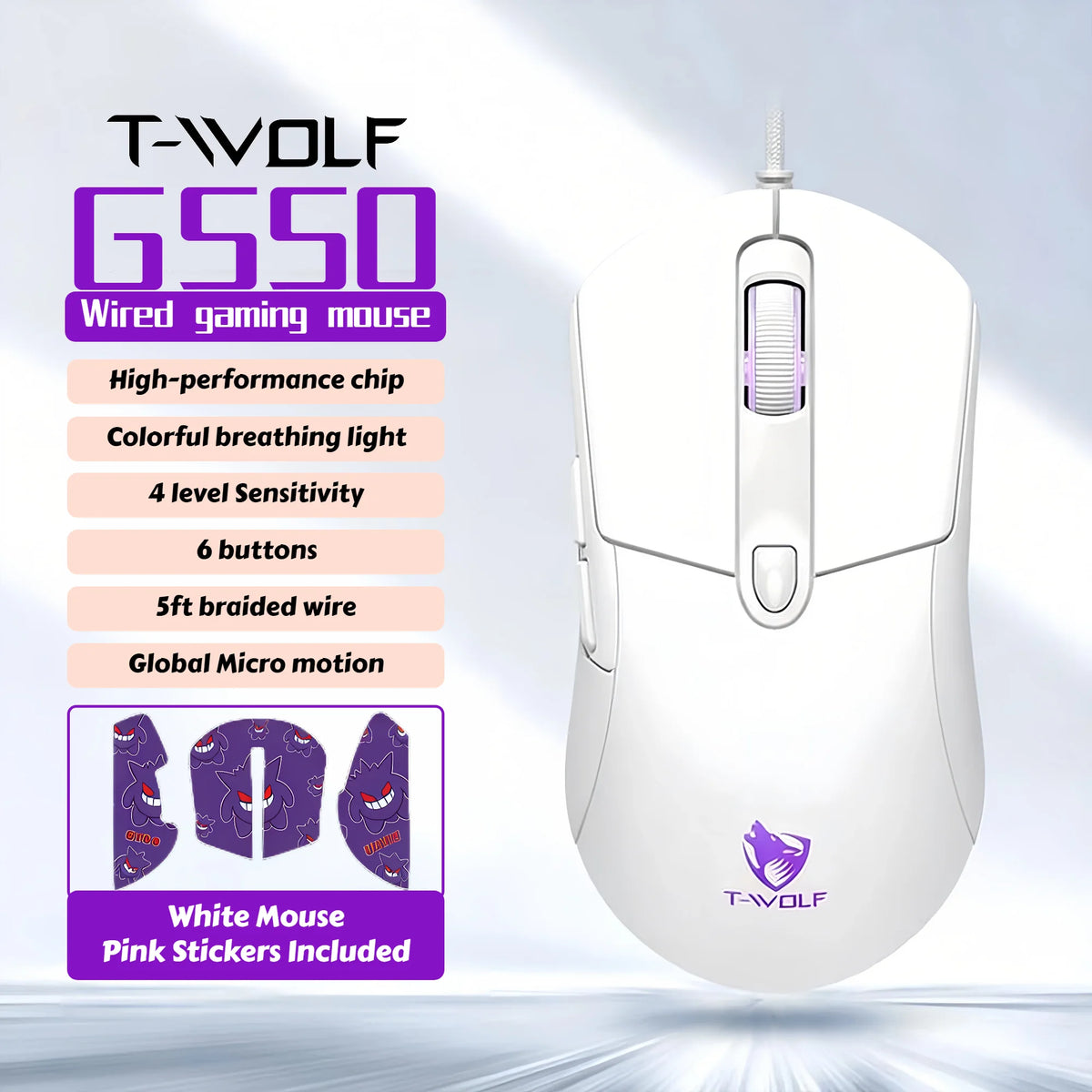 Wired Gaming Mouse RGB 6 Buttons Programmable 4 DPI Adjustable Ergonomic Gamer Mouse USB Gaming Mice with Breathing Light 1.5m Braided Cable for PC Laptop Computer Desktop E-sports Gaming Mouse Purple Optical Mouse Wired Gami