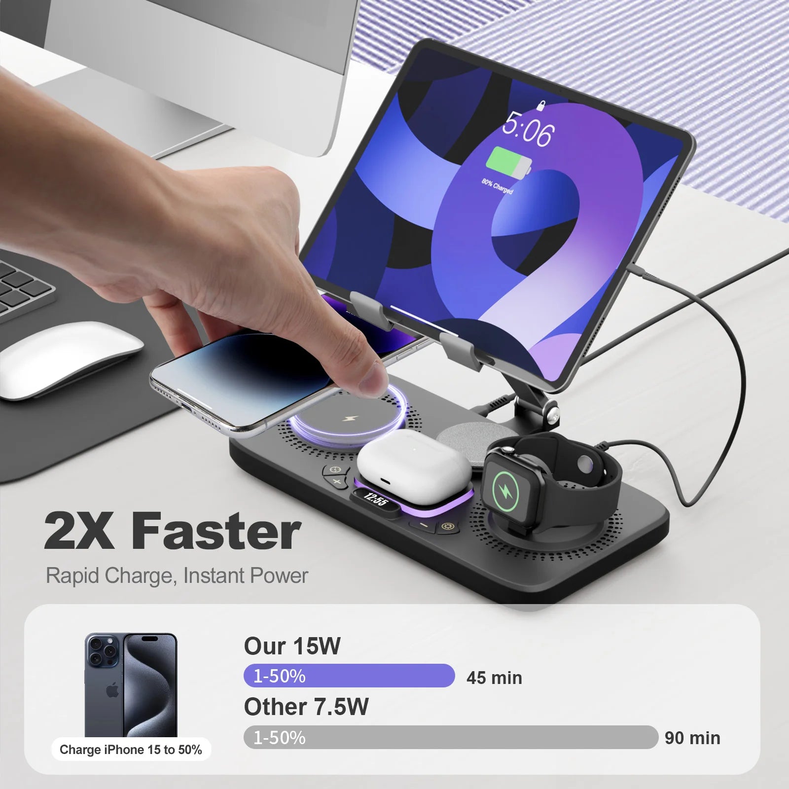 7 in 1 Wireless Chargers Station Magnetic 15W Fast Charg Foldable Multiple Devices for iPhone 17 16 15 14 13 Apple Watch Airpods