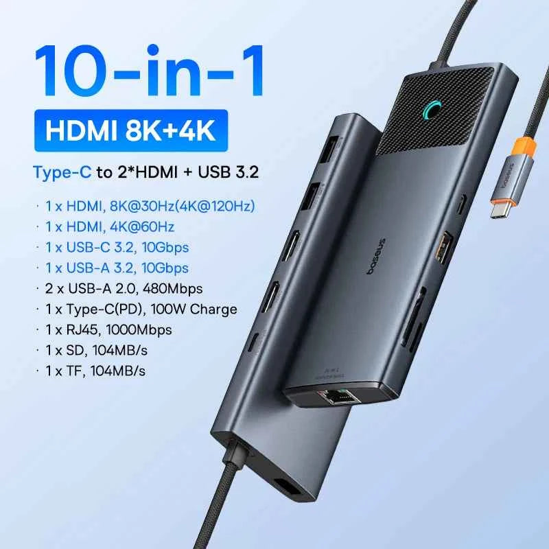 Baseus USB C HUB Dual HDMI 8K 4K Adapter 10-in-1 USB 3.2 10Gbps Splitter with RJ45 SD TF Type C PD 100W for MacBook Pro Air HUB