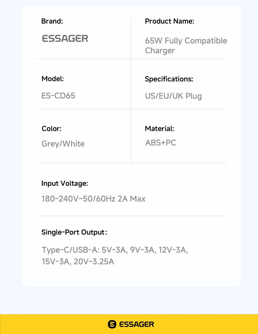 ESSAGER 65W GaN Charger PD3.0 PPS QC4.0 Fully Compatible for iPhone 17 16 Samsung S26 MacBook Air Huawei Laptop PD Fast Charger