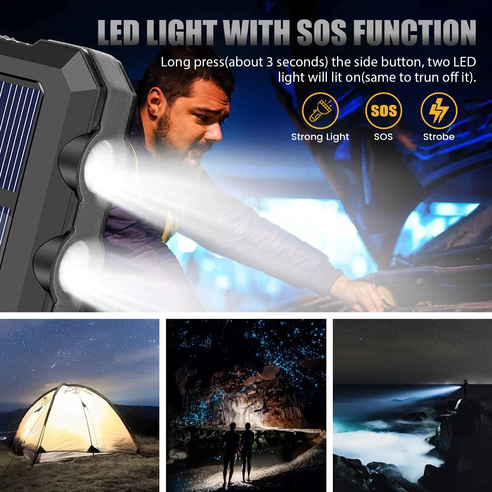 10000mAh Solar Power Bank Portable Waterproof Outdoor Dual 5V 1A USB Ports Fast Charging LED Flashlight for iPhone Tablets