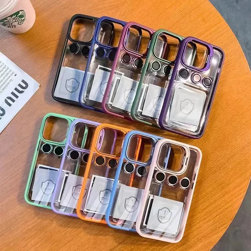 Lens Metal Ring Protector Stand Case For iPhone 15 16 14 13 12 11 Pro Max 16 Plus Camera Glass Protection Transparent Back Cover