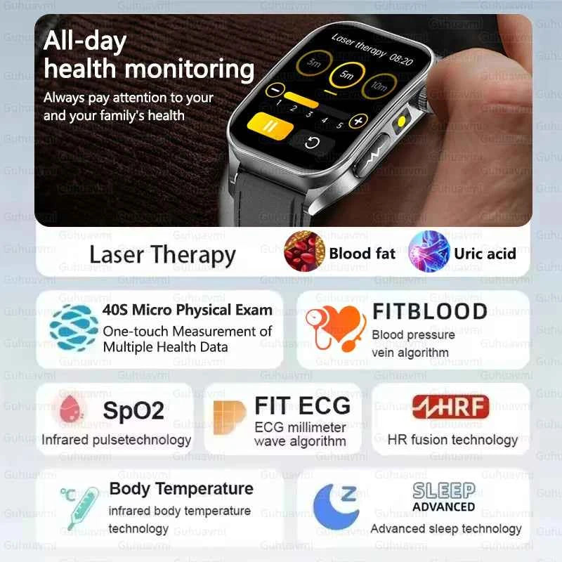 New Laser Treatment Three High Smart Watch Men ECG Heart Rate Uric Acid Health Tracker 1.95 inches Sapphire Glass SmartBracelet