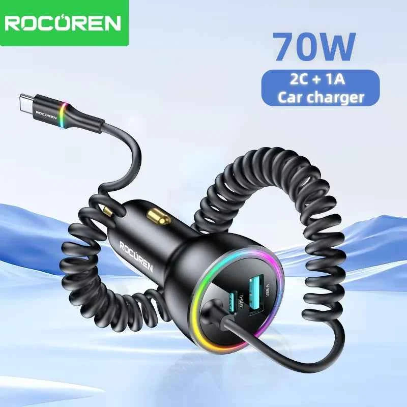 Rocoren 70W USB C Car Charger With Spring Charging Cable Fast Charging Type C Car Quick Charger Adapter For iPhone 16 15 Xiaomi