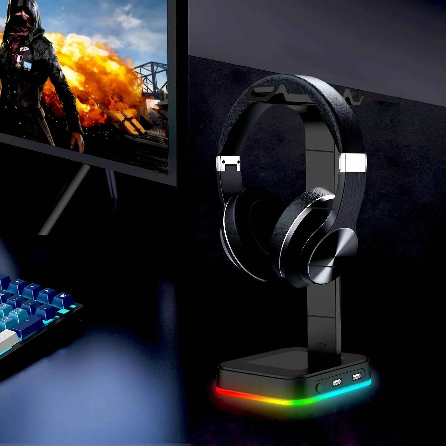 Adjustable Speed RGB Color-Changing LED Gaming Headset Stand with Dual USB Ports for Keyboard Mouse Headphones Phone Charging