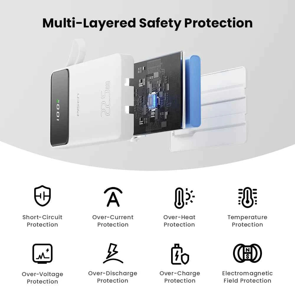 PISEN 3C Certified 22.5W Power Bank 10000mAh/ 20000mAh With Built-in Type C/L Cables Fast Charging Powerbank For iPhone Samsung