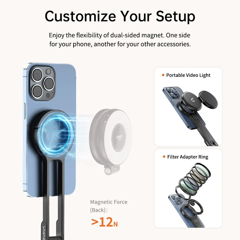 ULANZI MA30 Aluminum Magnetic Phone Tripod Stand Compatible with iPhone 16 Samsung Xiaomi Huawei Vivo OPPO - Mini Bracket for Magsafe Smartphones