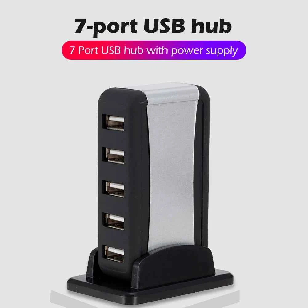 EU/US Plug USB Hub 7 Ports Splitter USB 2.0 Plug and Play Support 1.5/12/480Mbps with Power Adapter for PC Computer and Laptop