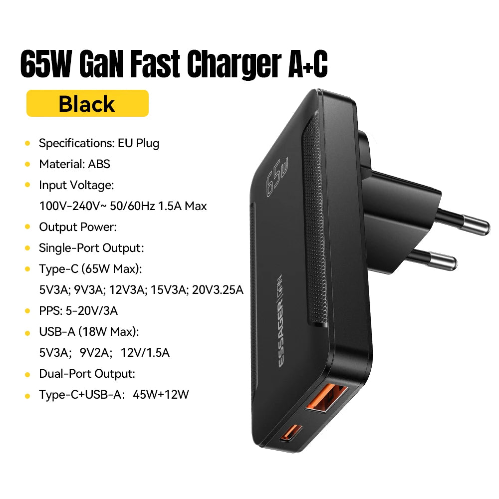 Essager Ultra Thin 65W GaN pro Travel Charger Quick Charge 4.0 PD3.0 Portable Type-C for iPhone 17 16 15Samsung MacBook Laptop