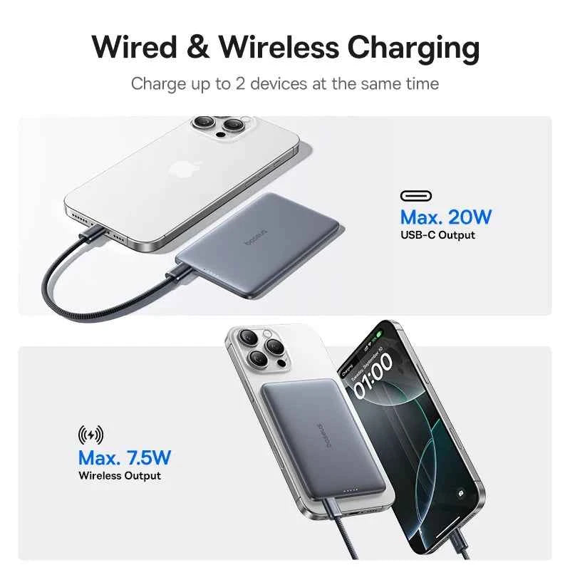 Baseus 5000mAh Magnetic Power Bank 15W PD 20W Wired Charging Thin Card-Sized Slim Portable Powerbank for iPhone 17 Samsung