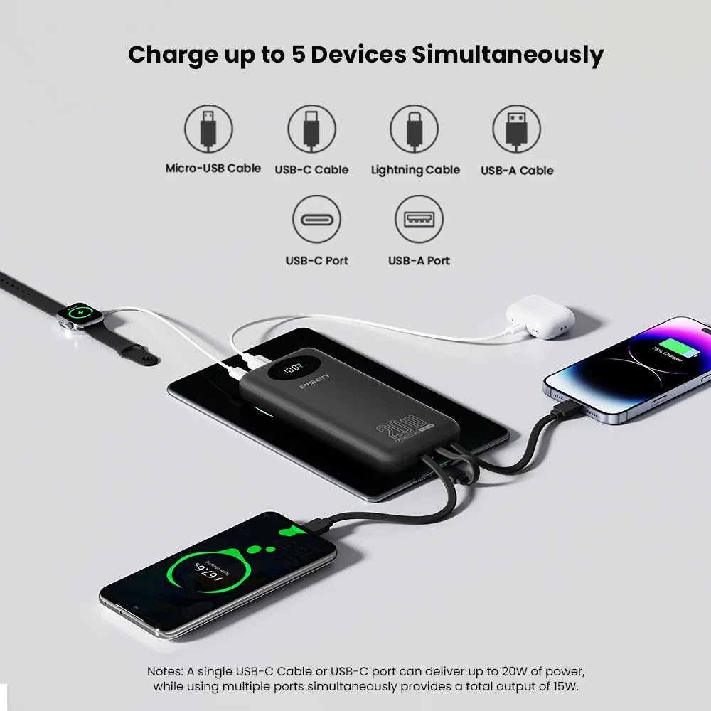 PISEN 3C Certified Power Bank 10000mAh & 20000mAh 20W Fast Charging Powerbank With 4 Built-in Cables For iPhone Samsung Xiaomi