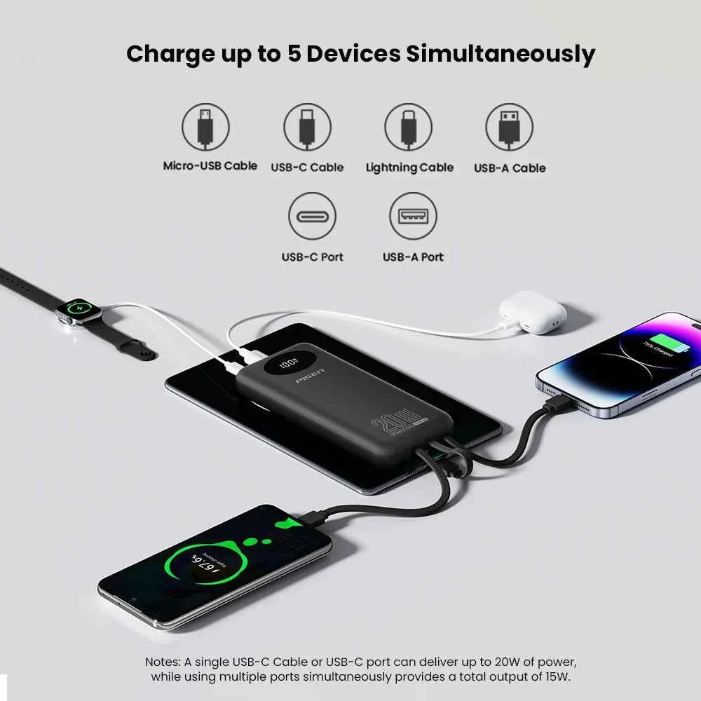 PISEN 3C Certified Power Bank 10000mAh & 20000mAh 20W Fast Charging Powerbank With 4 Built-in Cables For iPhone Samsung Xiaomi