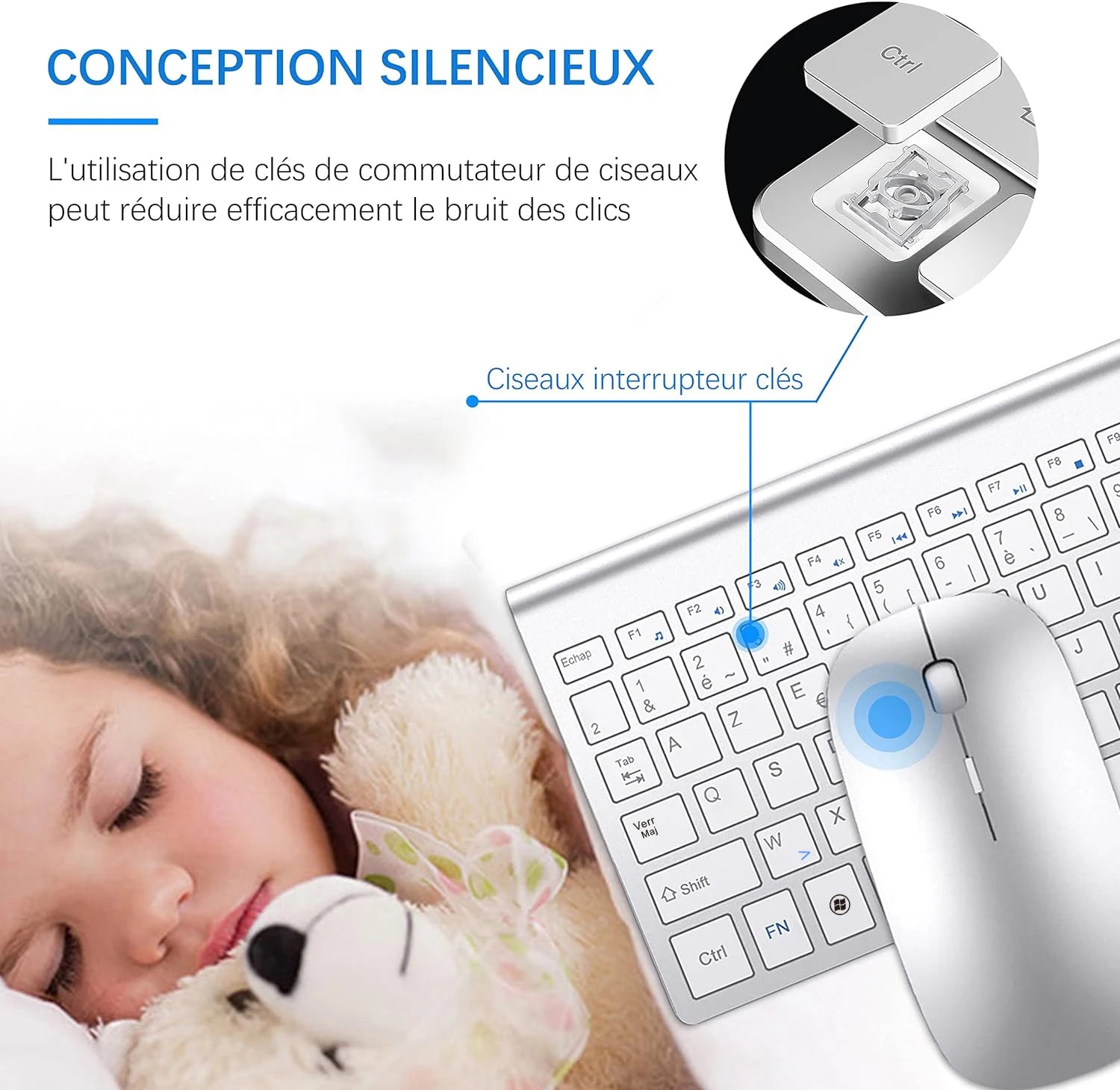 Wireless French Keyboard and Mouse Combo AZERTY Layout 2.4G USB Silent Ultra-Thin Compact Scissor for PC Laptop Desktop Windows
