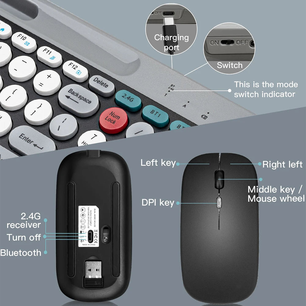 Dual Mode Wireless Keyboard And Mouse Set Vintage Punk Style Round Keycaps Rechargeable Suitable For Laptops Tablets And Desktop