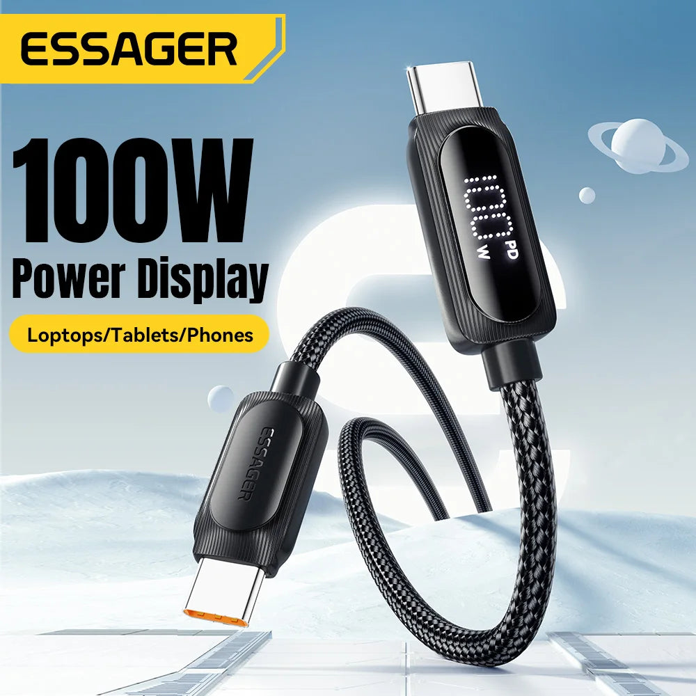 Essager 100W USB Type C Cable 5A PD Fast Charging Wire Cord For Macbook iPad iPhone 16 15Pro Samsung Xiaomi Digital Display Wire - WinSupport Tech