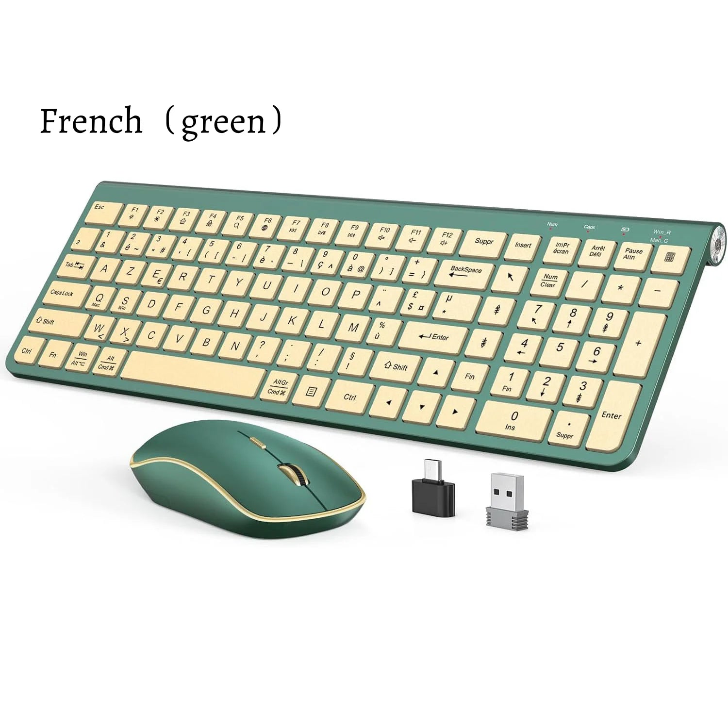 Ergonomic wireless keyboard and mouse, ultra-thin and compact design French AZERTY/ American QWERTY quiet,USB-A and USB-C ports.