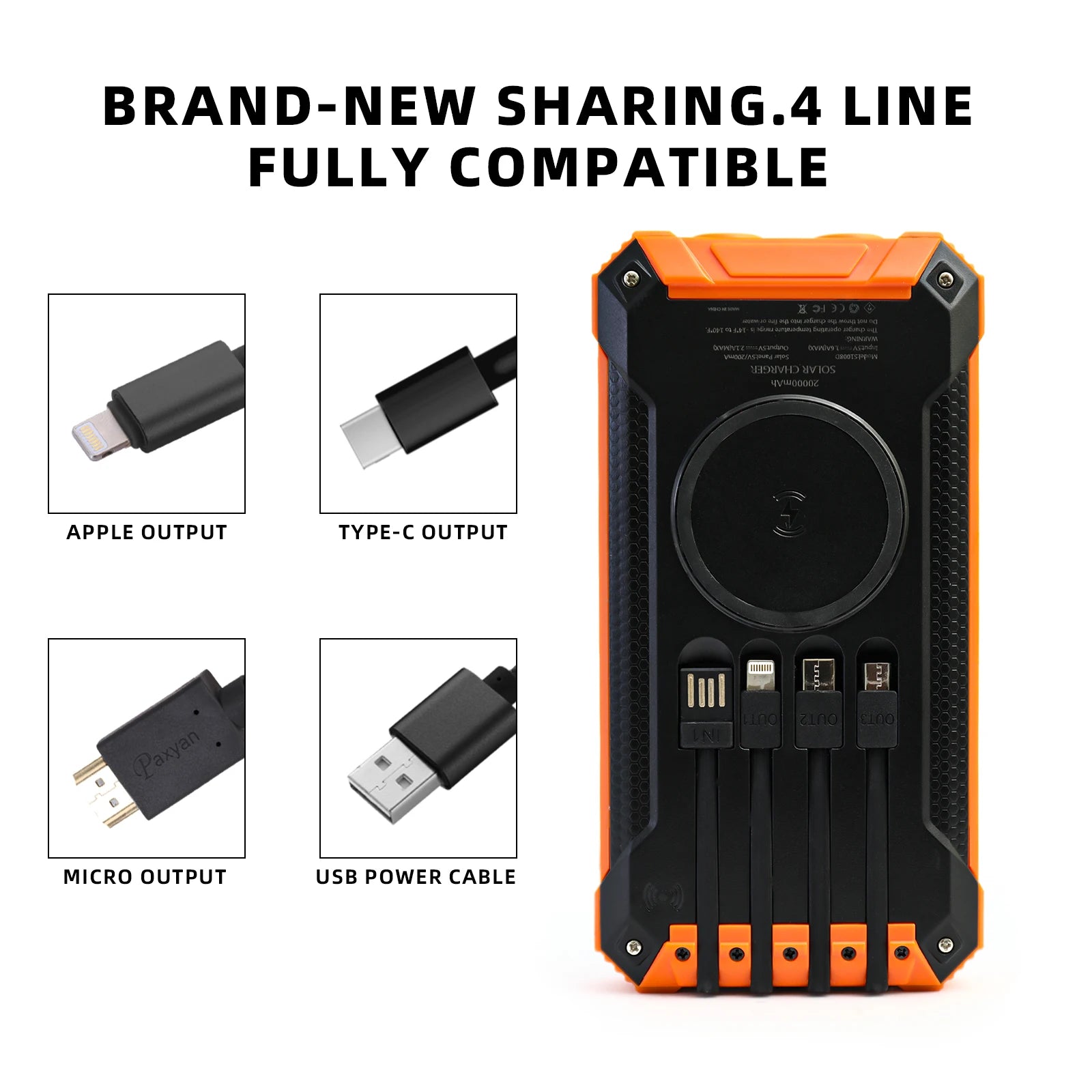 20000mAh Portable Solar Power Bank Wireless Charging 18W Dual LED Lights 4 Built-in Charging for iPhone Android Phones AirPods