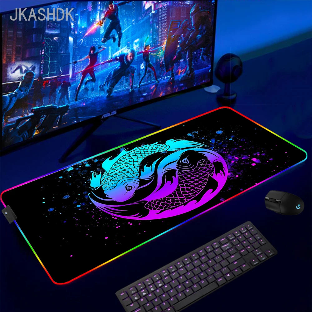 Large RGB Mouse Pad Koi Fish Gaming Mousepad LED Mouse Mat Gamer Mousepads Yin Yang Desk Pads RGB Keyboard Mause Mats XXL 100x50