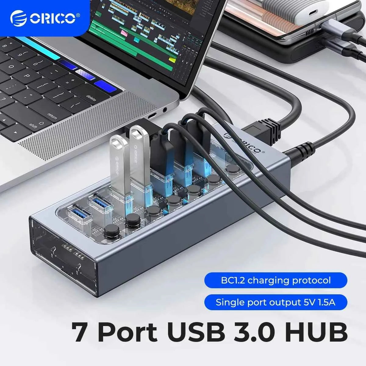 ORICO Powered USB 3.0 HUB 7/10/13/16 Ports USB Extension with On/Off Switches 12V Power Adapter Support BC1.2 Charging Splitter