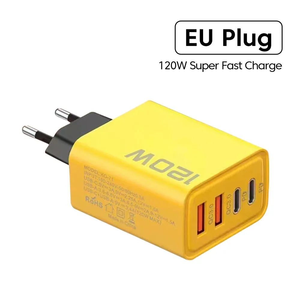 4 Port USB PD Charger 120W Type C Quick Charge Mobile Phone Charger Adapter For iPhone Samsung Xiaomi EU/US/UK Plug Wall Charger