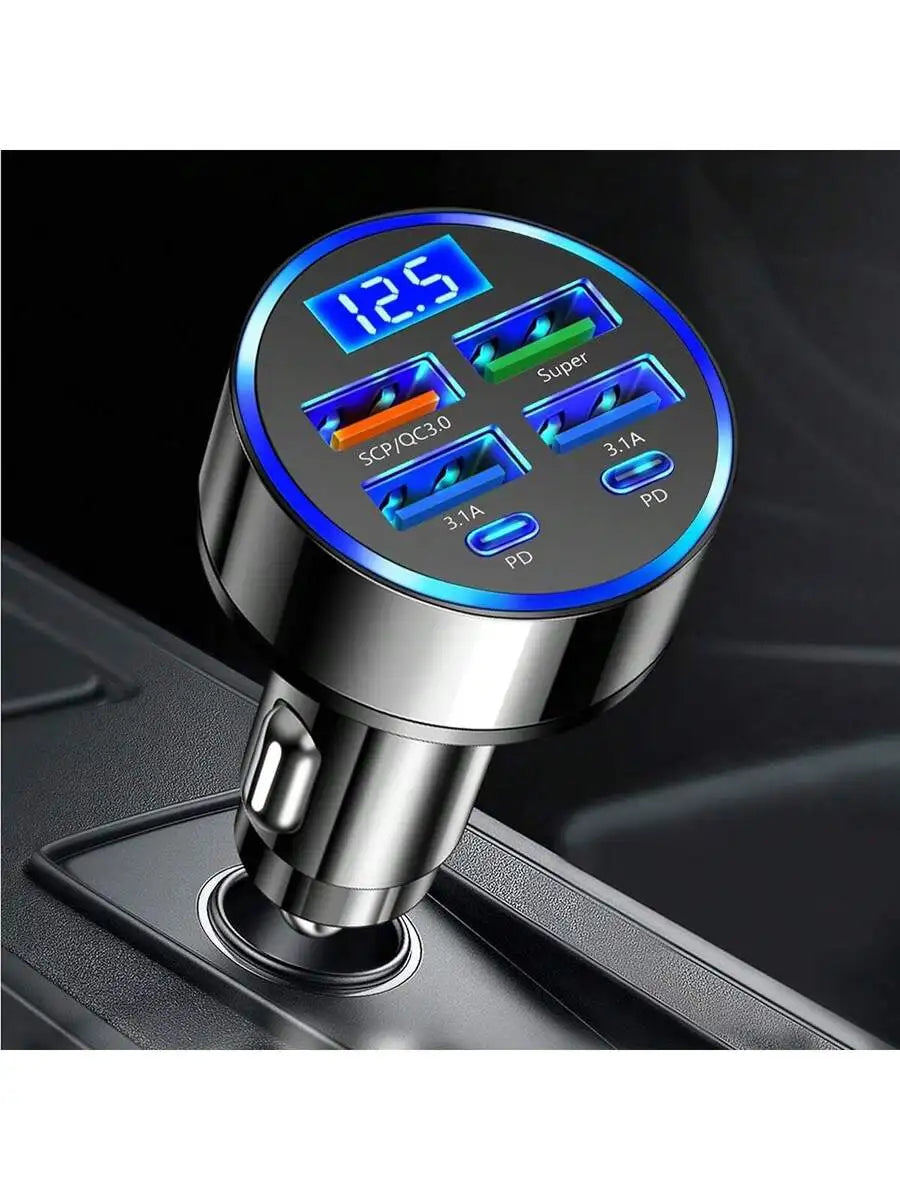 6-In-1 Car Charger With Intelligent Chip 2PD+3USB+QC3.0 Fast Charging For iPhone Android iPad Pro