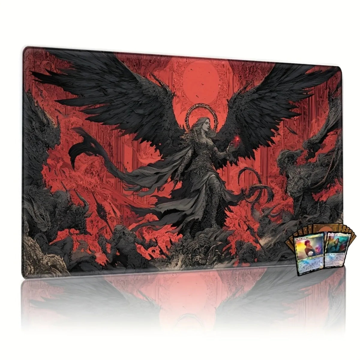 Non-Slip Rubber Red Black Gothic Mouse Pad Dark Fantasy Fallen Angel Flame Mat for TCG RPG CCG Tabletop Gaming