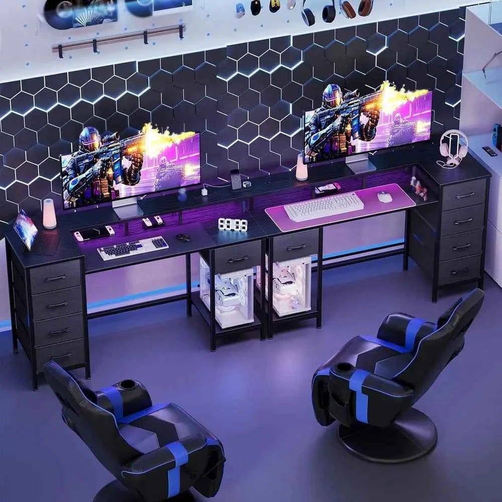 47 Inch Gaming Desk with Power Outlets and LED Lights, Reversible Computer Desk with 5 abric Storage Ders, Home Oice Desk with M