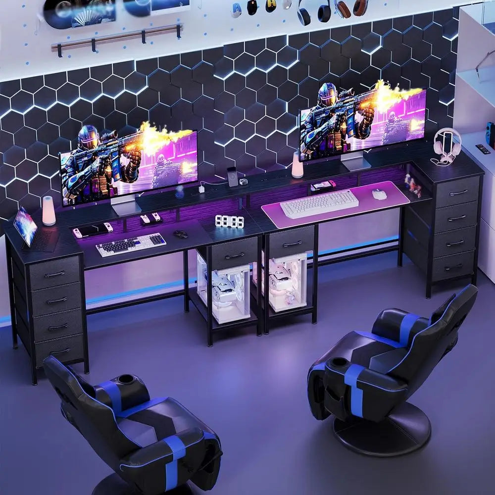 47 Inch Gaming Desk with Power Outlets and LED Lights, Reversible Computer Desk with 5 abric Storage Ders, Home Oice Desk with M
