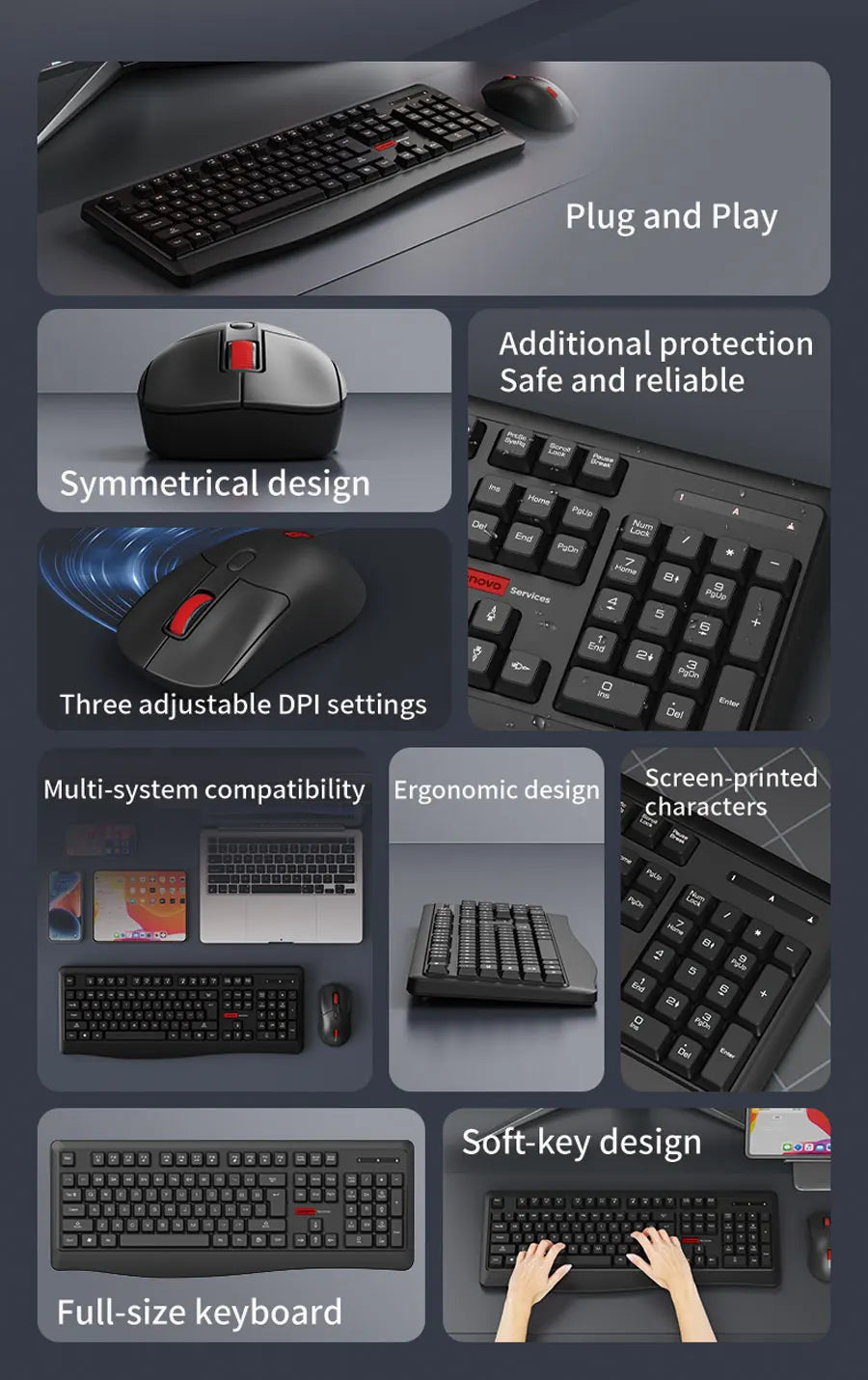 Lenovo Wireless Keyboard and Mouse Combo Full-Size 104 Key Quiet Office Set with Silent Click Compact USB Receiver for Pc Laptop