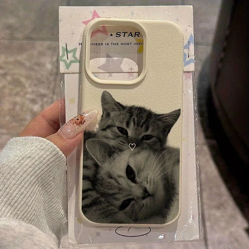 Leather pattern cute fun relative cat phone case, suitable for iPhone 17/16/15/14/13/12/11/XS/XR/X/7/8 Plus/Pro/Max/Mini