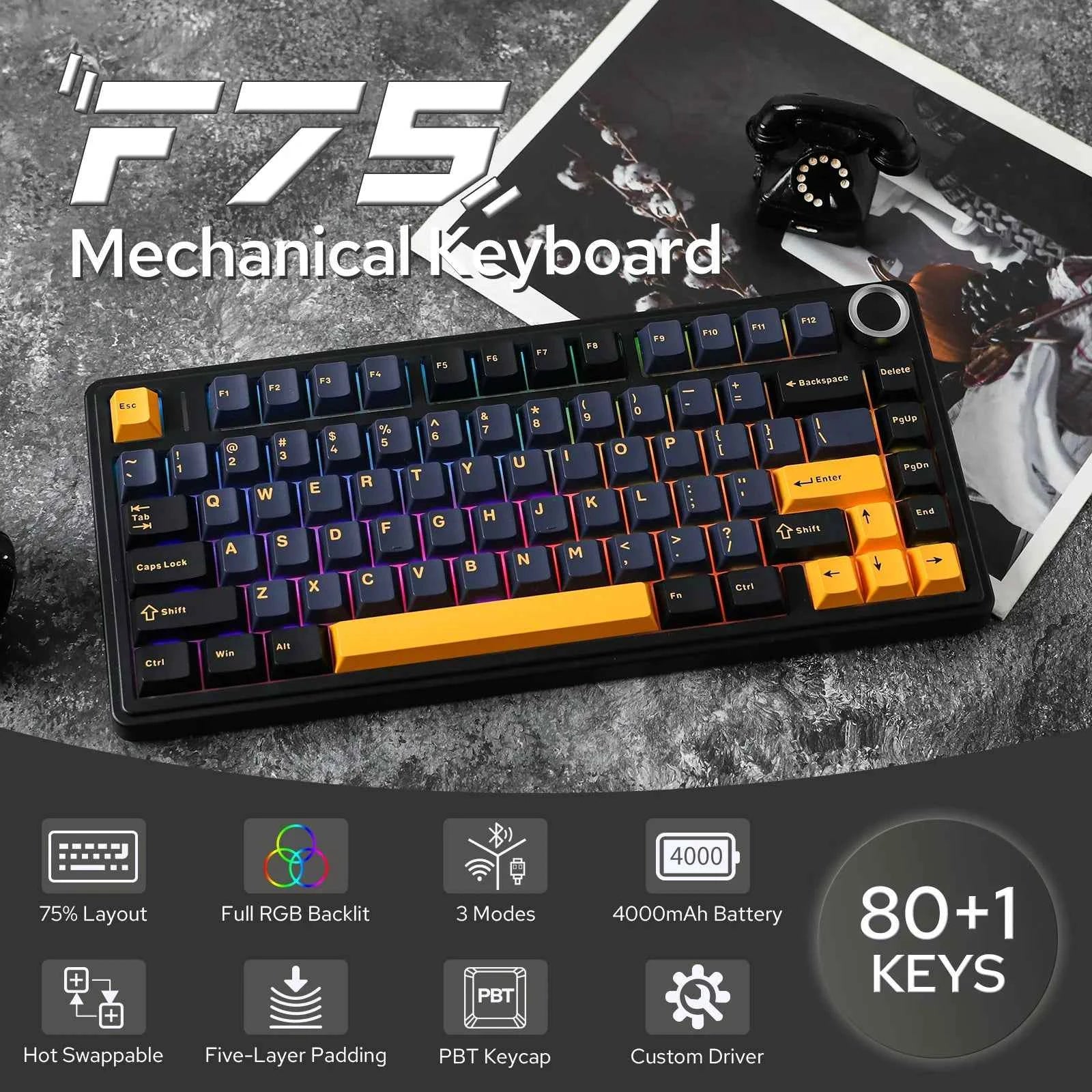 EPOMAKER x AULA F75 75% ANSI Layout Hot-Swap Wired/Bluetooth/2.4GHz Wireless Mechanical Keyboard With Multimedia Control Knob