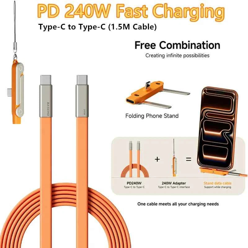 240W PD Type C Fast Charging Cable Foldable Bracket 2-in-1 Data Cable Phone Stand Charge Wire For iPhone Macbook Xiaomi Samsung