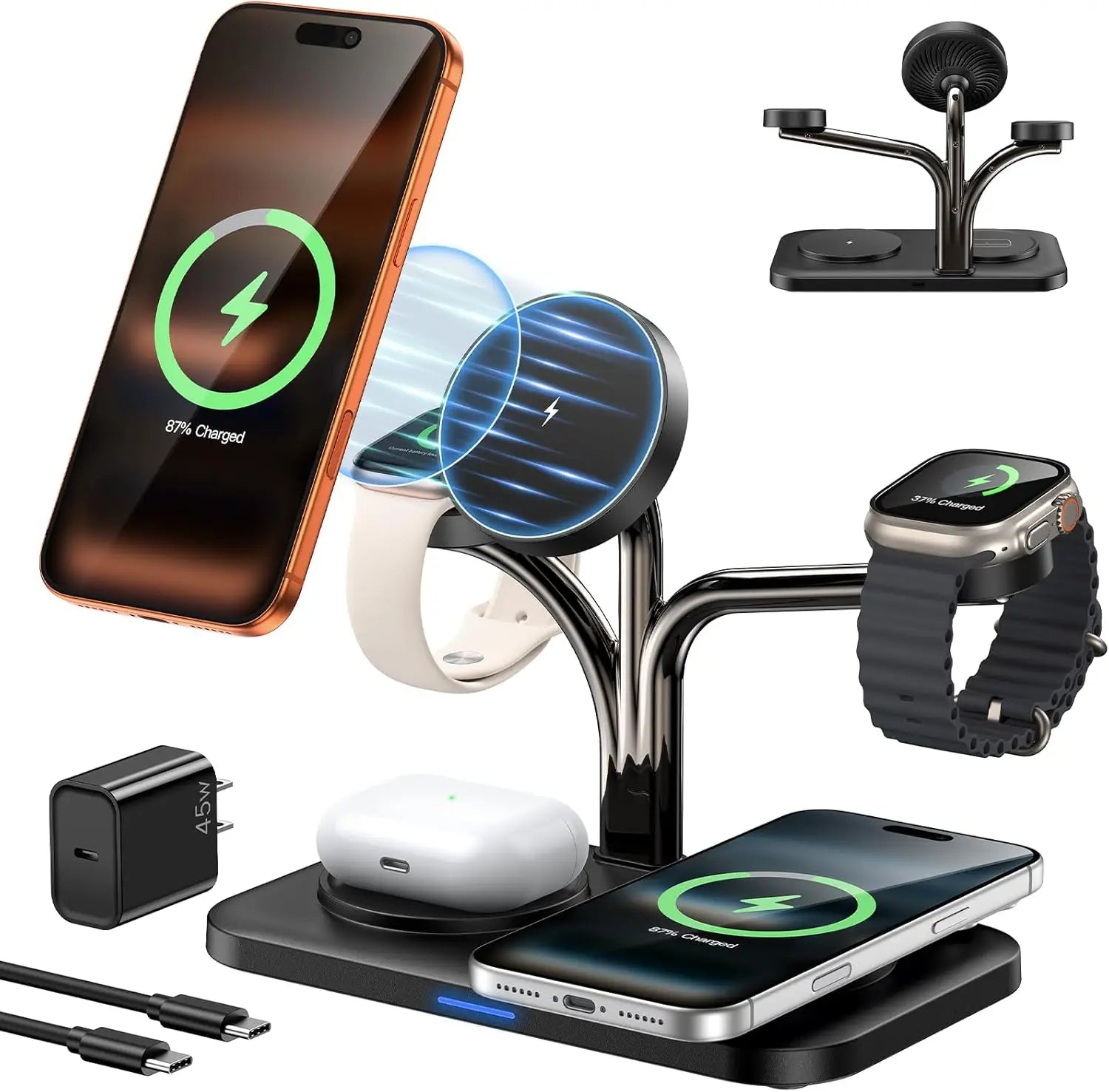 5-in-1 Magnetic Charging Station for iPhone, Apple Watch & AirPods, Fast Wireless Charger with 45W Adapter