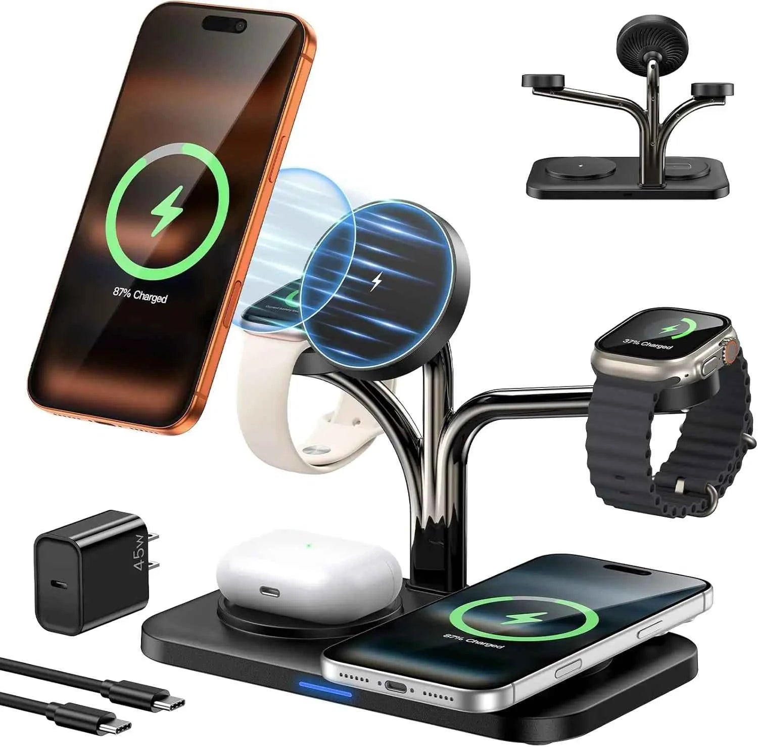 5-in-1 Magnetic Charging Station for iPhone, Apple Watch & AirPods, Fast Wireless Charger with 45W Adapter
