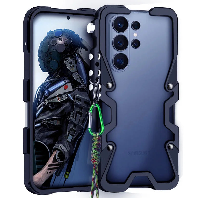 Luxury Armor Metal Aluminum Phone Bumper For Samsung Galaxy S26 S25 S24 Ultra + FE Cover Mechanical Purely Handmade Skull Case