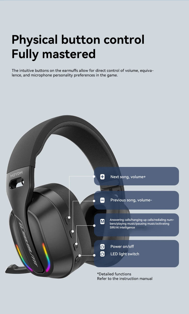 MZYDM Over Ear Headset Bluetooth5.4 Wireless Stereo Gaming B500 Earphones Built-in Mic RGB Light Low Latency Headphones For PC