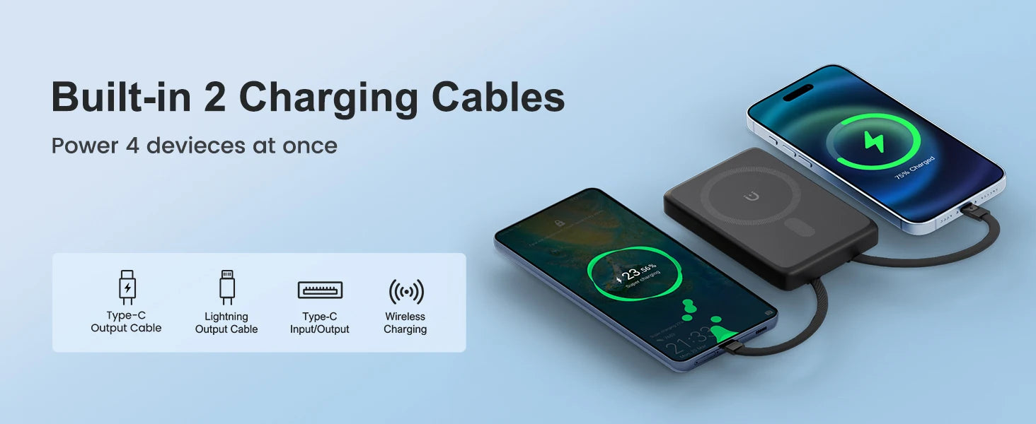 10000mAh Magnetic Wireless Power Bank PD22.5W Fast Charging External Battery Dual-Port Built-in Type-C For iPhone  Airpods Watch